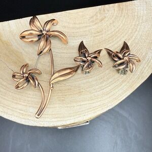 Vintage Renoir Copper Floral Brooch & Clip-On Earrings Set Mid Century Modern
